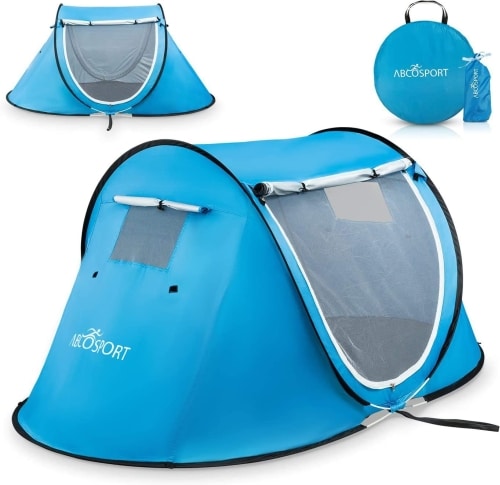 Product photo showing several angles of the Abco Portable Cabana Beach Tent in blue.