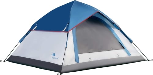 Best Budget Pop-Up Tent, the Mobihome 2-3-Person Instant Pop-Up Tent in blue and white.