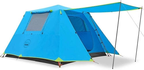 Kazoo Family Waterproof Pop-Up Tent Instant Camping Tent in blue, with an awning.