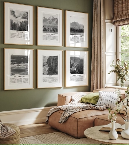 Six National Park B&W Photos hanging up and framed on a green wall in a cozy-looking living room.
