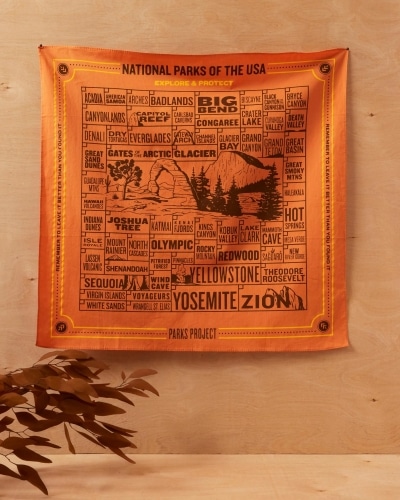 Orange national park bandana with all the national parks written on it and a cartoon drawing of Joshua Tree and Yosemite.