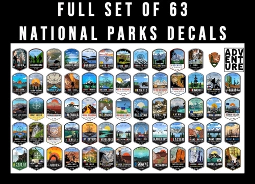 A sheet of colorful national park decals.