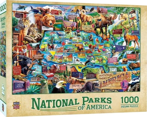 An image of the 1000-piece National Parks of America puzzle with a variety of national park-themed images and a map of the US on the box.