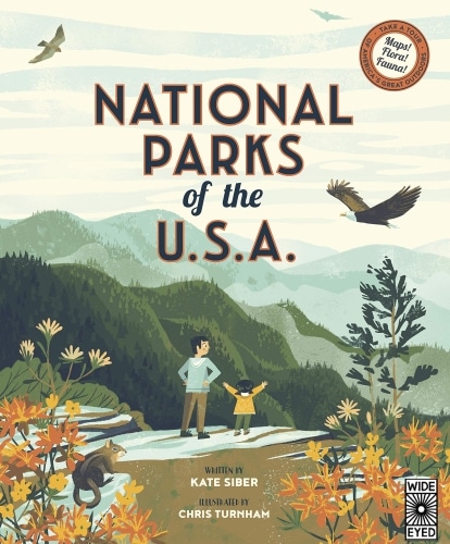 The cover of the book, National Parks of the USA with a cartoon image of a father and daughter at a national park.
