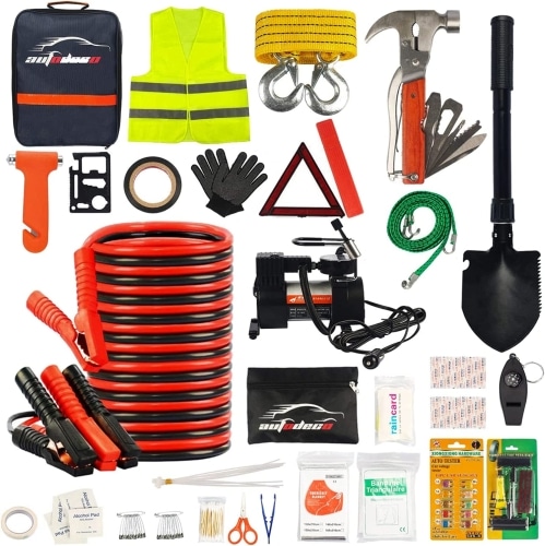 AUTODECO 118 Pieces Car Emergency Kit with a variety of different products that come in the kit.