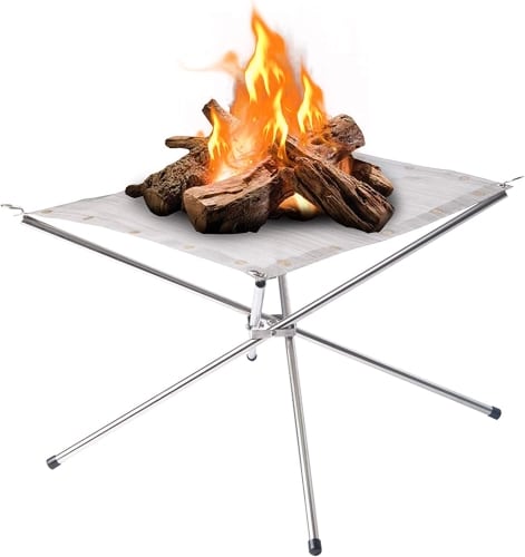 Portable Outdoor Fire Pit product image with logs and flames on top.
