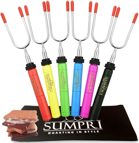 A group of multicolor SUMPRI Marshmallow Roasting Sticks with two s'mores on the side.