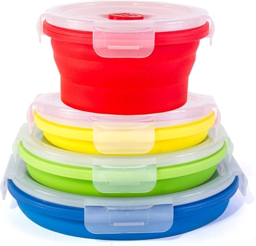 Four Multi-color Thin Bins Collapsible Containers stacked on top of each other.