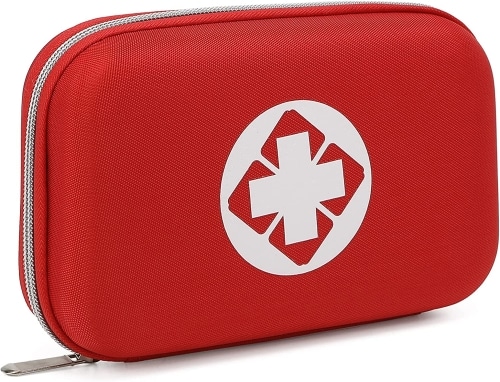 A red WEWAK First Aid Kit that's zipped up.
