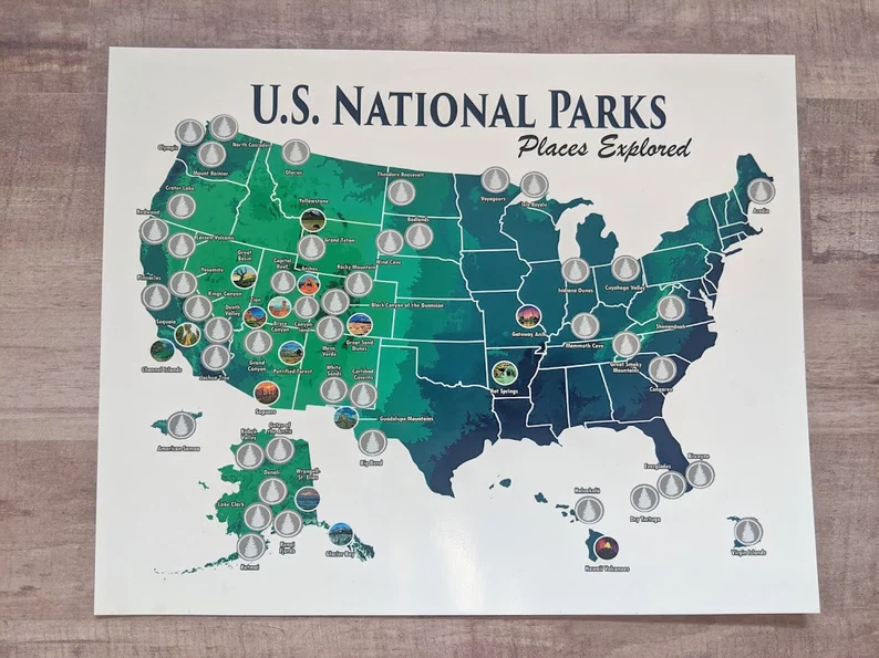 Travel Tracker Scratch Off USA National Park Poster All 62 US National Parks Large Black and Gold Wall Poster Easy to Frame United States of America NP Checklist Map Scratchable Print 