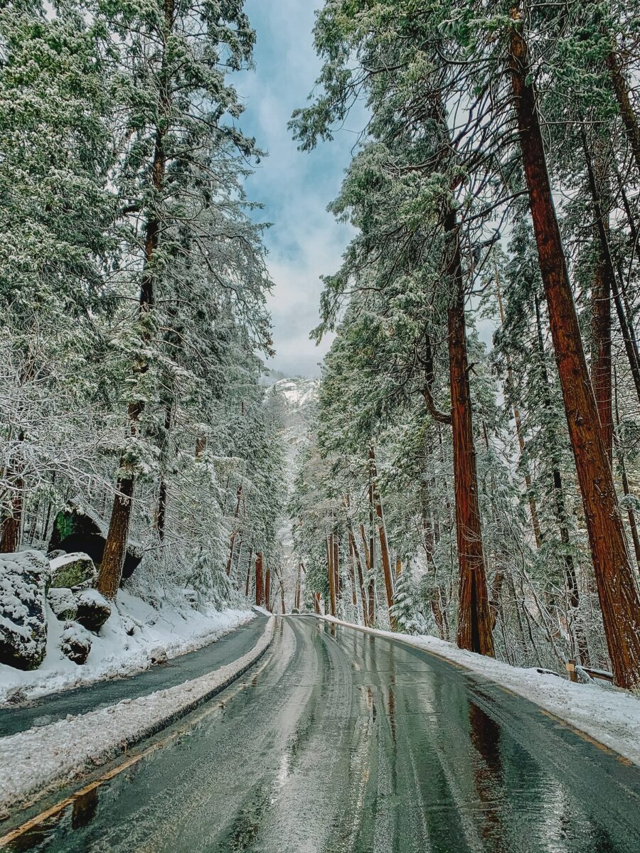 snowy road for closest airports to Yosemite National Park