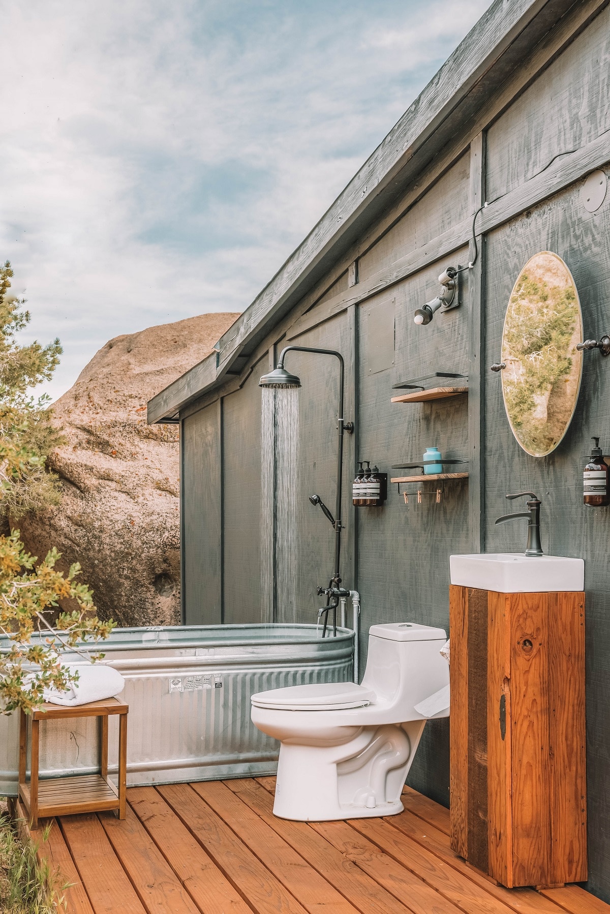 Outdoor bathroom shower at Joshua Tree glamping site