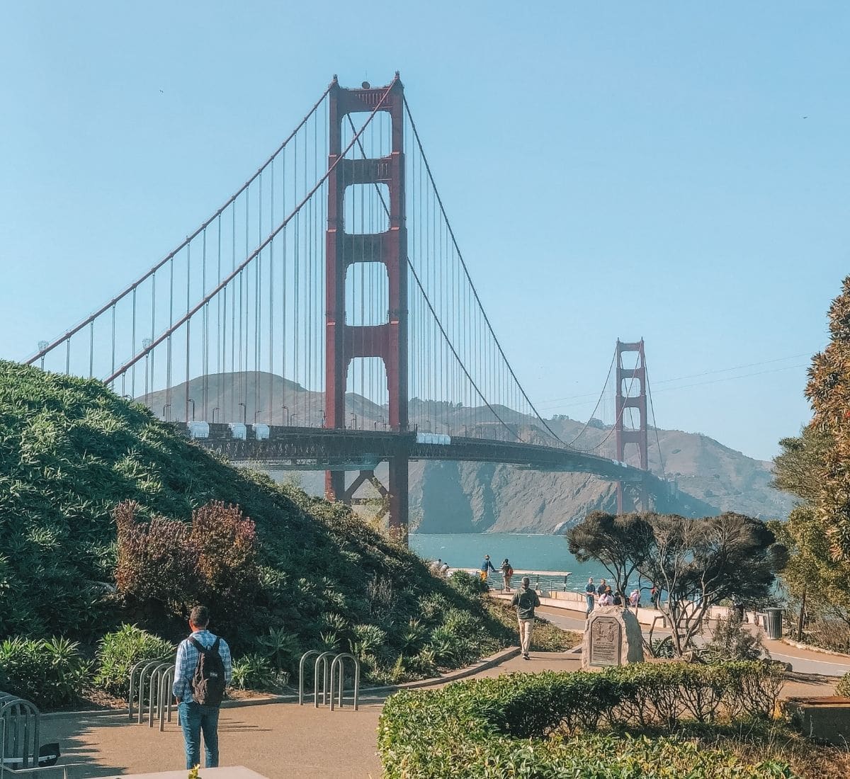 man standing at North Vista Point with a Golden Gate Bridge View
