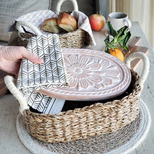 bread warming stone and wicker basket