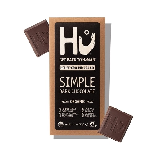HU chocolate bar, organic vegan paleo chocolate in brown paper packaging.