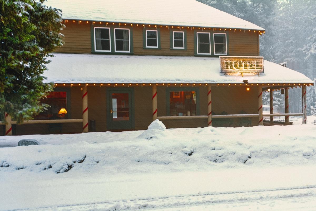A Lake Tahoe hotel covered in snow.