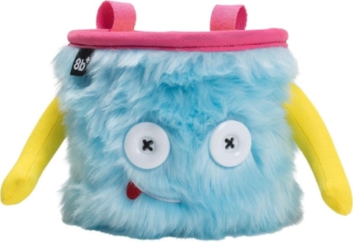 8BPLUS Jamie Chalk Bag product photo, a blue fuzzy bag with a cartoon face embroidered on, including white button eyes.