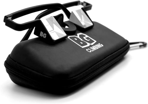 Product photo of Belay black Glasses for Rock Climbing, sitting on top of a black case.