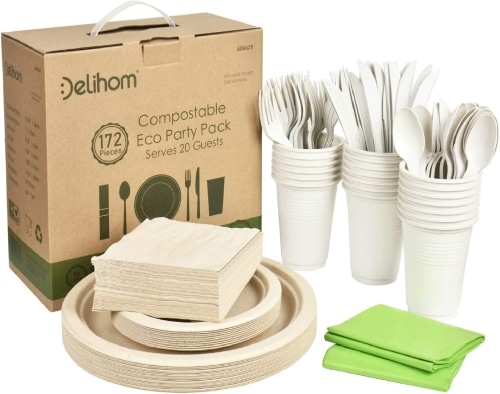Delihom disposable and compostable dinnerware set.