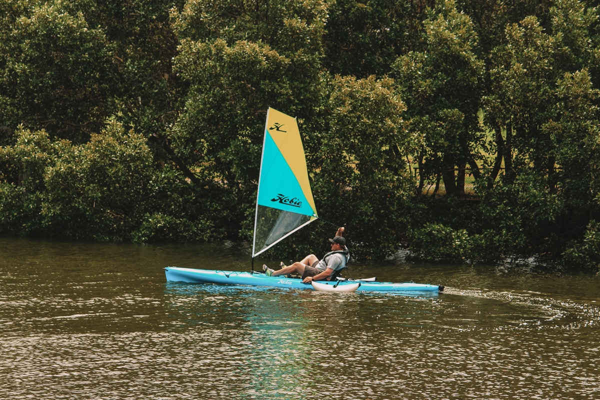 Image of a man on a blue paddle kayak
