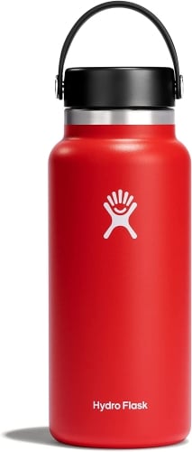 Hydro Flask wide-mouth vacuum water bottle product photo showing a red water bottle with a black lid.