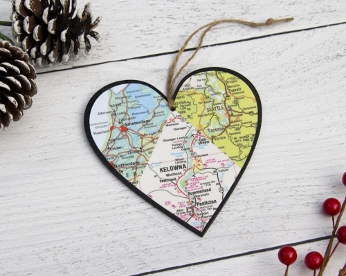 Long distance custom map heart ornament.