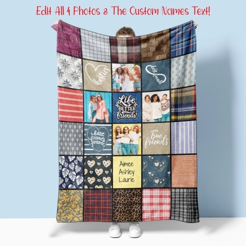 Personalized quilt-style photo blanket.