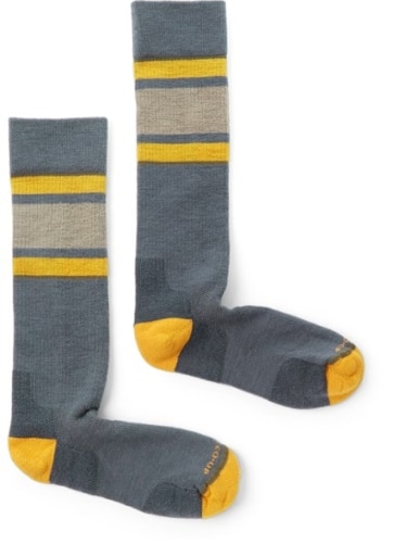 Blue, grey, and yellow snow socks product image.