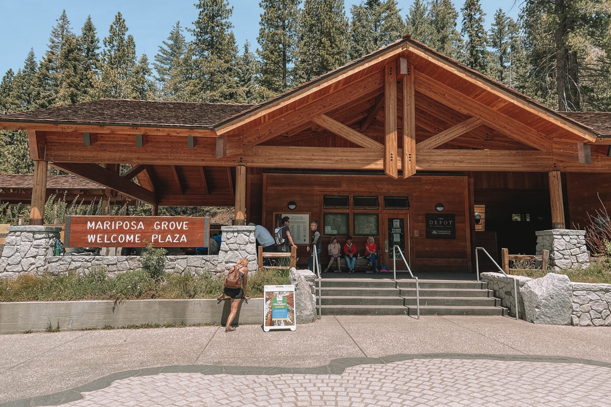 The outside of the Mariposa Grove Welcome Plaza Visitor Center in Yosemite National Park.