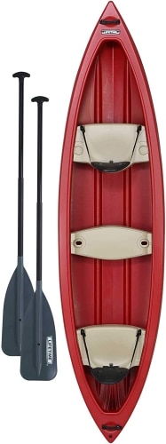 Product photo of the Lifetime Kodiak Canoe in red with 2 paddles.