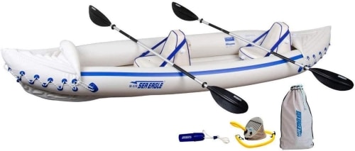 Product photo of the Sea Eagle 3 Person Inflatable kayak in white and blue, the best kayak for big dogs.