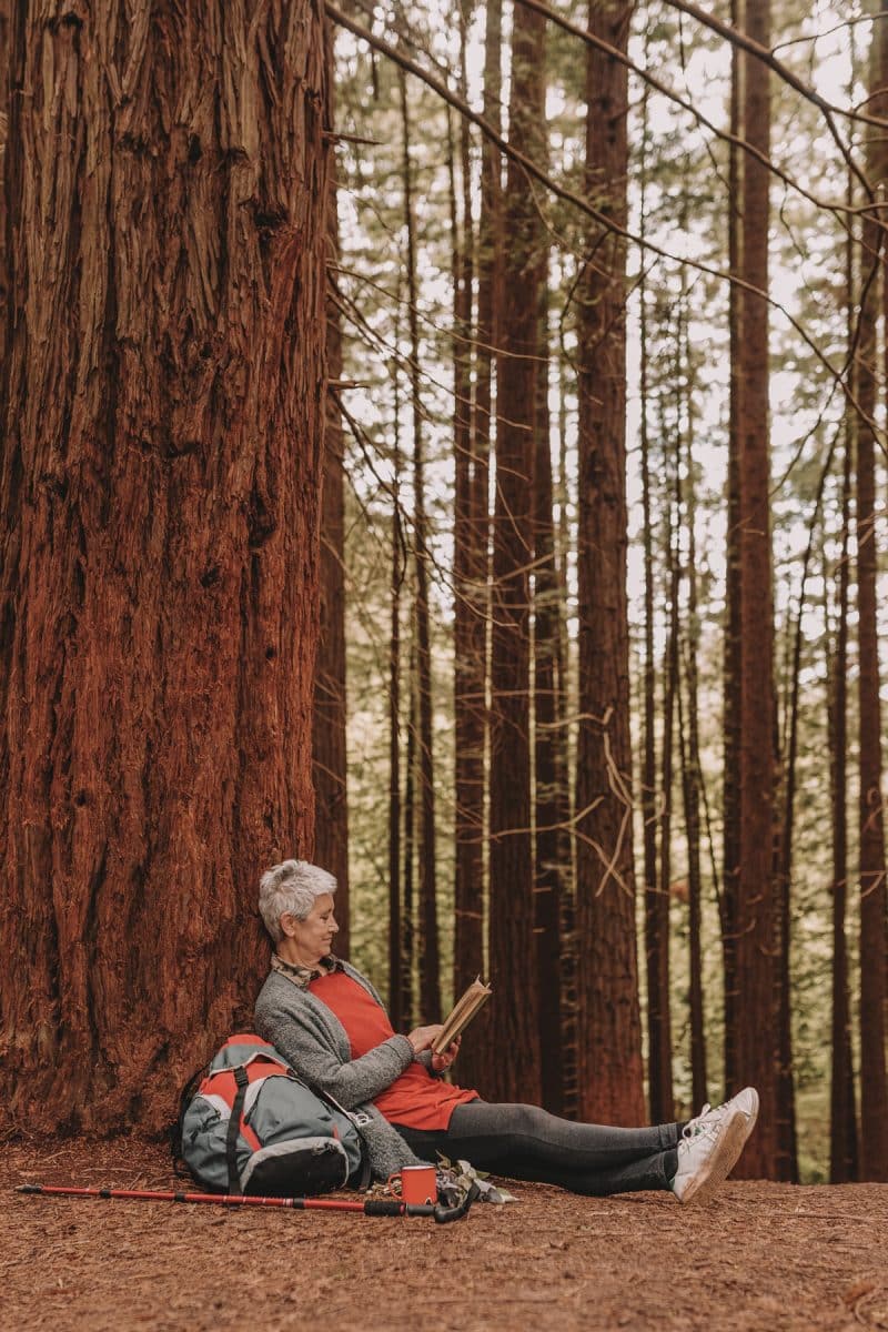 A grey-haired woman wearing hiking clothes sits on the ground, leaning against a redwood tree and reads a book.
