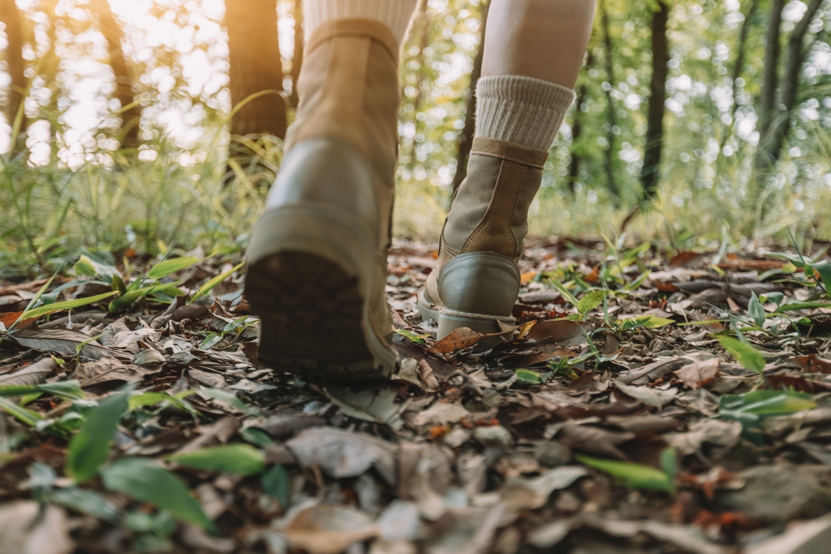 A pair of feet wearing brown leather boots and off-white hiking socks seen from behind while walking on a leaf-strewn path.