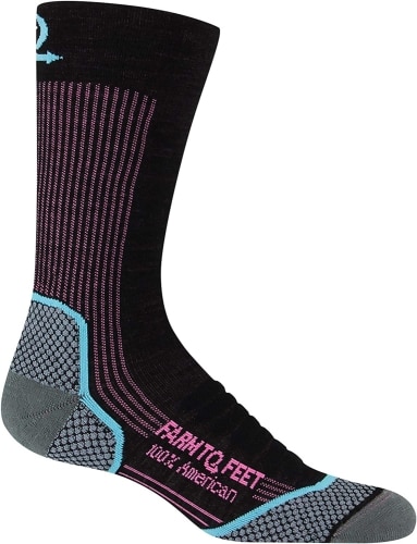 Product image for the Farm to Feet Damascus Lightweight Crew Merino Wool Socks in black, blue, and pink.