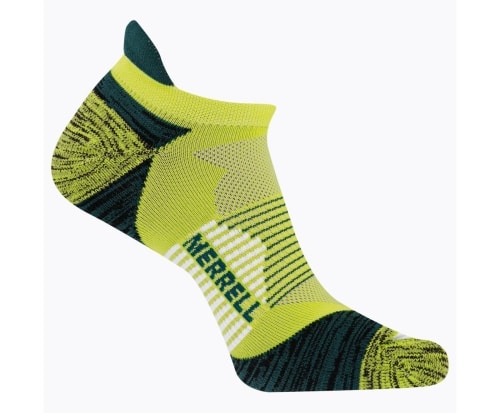 Product image for the Merrell Trail Runner Cushioned Low-Cut Sock in yellow and green.