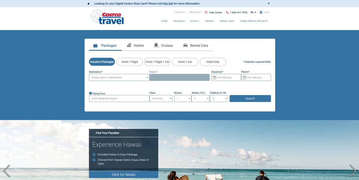 A screenshot of the home page for Costco Travel.