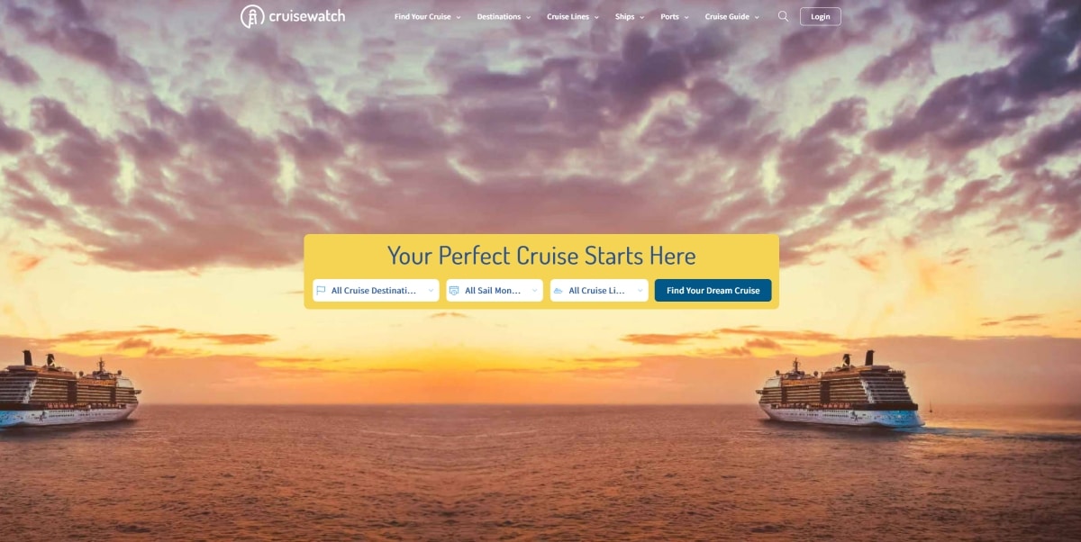A screenshot of the home page for Cruisewatch.