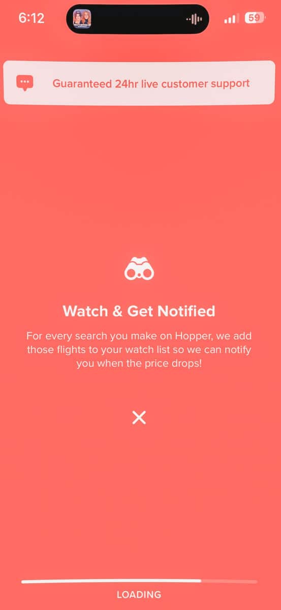 Screenshot of a loading search page, a binoculars symbol against a coral-red background, with white text overlay that reads: "Watch & Get Notified: For every search you make on Hopper, we add those flights to your watch list so we can notify you when the price drops!"