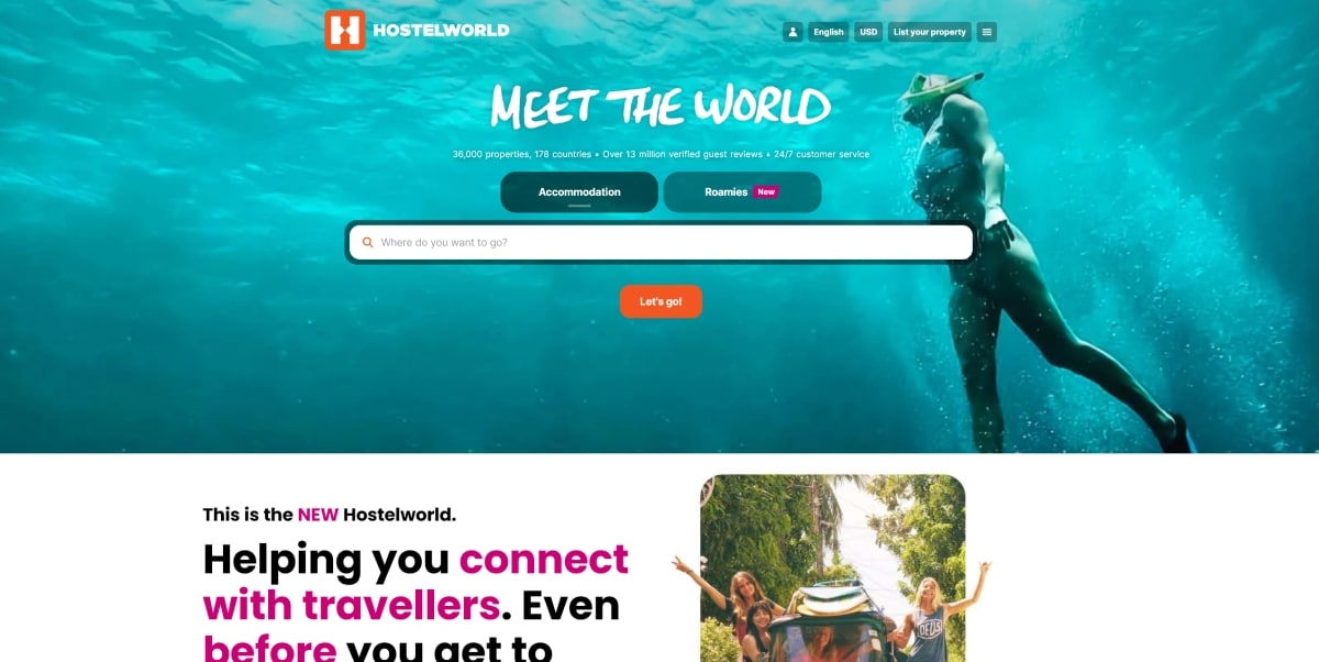 A screenshot of the home page for Hostelworld.