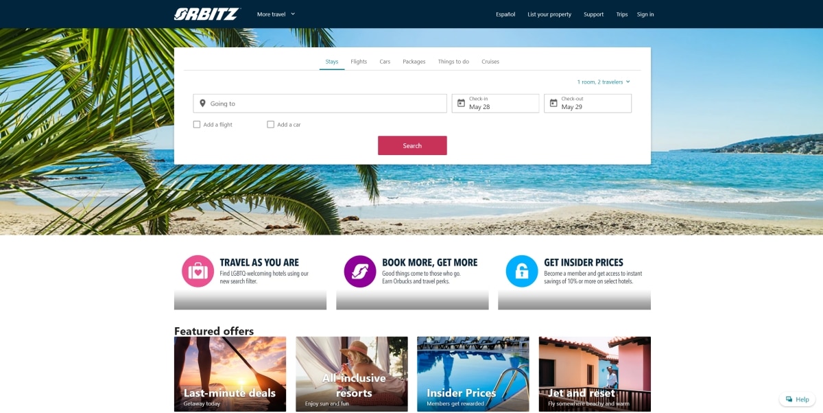 A screenshot of the home page for Orbitz.
