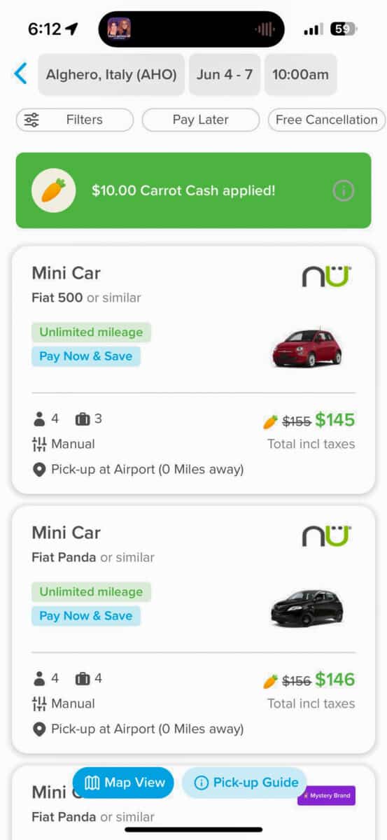A screenshot of rental car search results on the Hopper app.