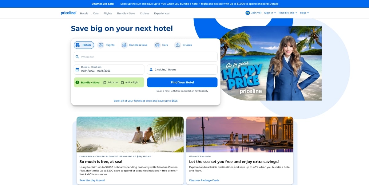 A screenshot of the home page for Priceline.