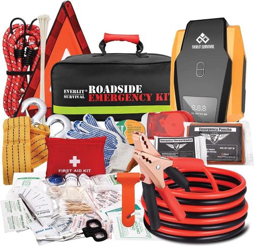Roadside Emergency Kit with the contents spread out to display things like jumper cables, bungee cords, a reflective triangle, a first aid kit, and a thermal blanket.