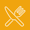A white line drawing of a fork and knife crossed over each other, representing food and drink, on a yellow background.