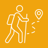 A white line drawing of a stick figure hiking up a dotted trail toward a location pin, carrying a backpack and walking stick, on a yellow background.