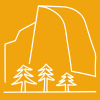 A white line drawing of Half Dome in Yosemite National Park in the background and trees in the foreground, representing National Parks, on a yellow background.